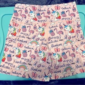 Constantly Varied Gear workout shorts, pink with unicorns and rainbows